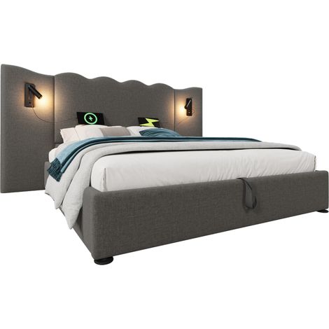 Lit double capitonné 180×200 avec lampe de lecture et fonction de charge USB Type-C, lit coffre, cadre de lit avec sommier à lattes en bois massif et métal, gris, lin (sans matelas) (1/5)