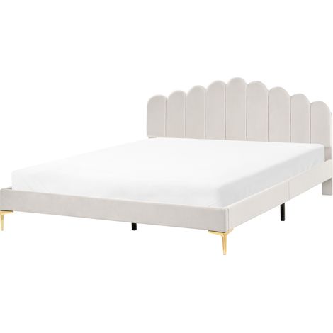Cama de terciopelo con patas de metal cabecero y somier de láminas blanco crema 180 x 200 cm Sauvian (1/5)