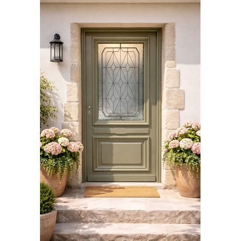 Porte D'entrée Bois Vitrée Canelle Vert Gris Olive, H215 X L90 Cm Côte Tableau P,droit, (poignee, Barillet Ref In158rpl2 - In303new) Gd Menuiseries