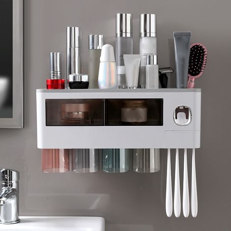 Lot mural porte-brosse à dents magnétique 4 gobelets, tiroir de rangement multifonction avec presse-dentifrice, gris semi-transparent (1/3)