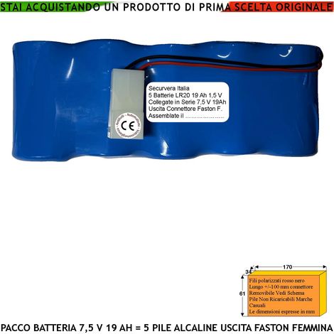 LR20 Pacco 5 Pile Alcaline 7,5 V 19 Ah Batteria Non Ricaricabile Colore Occasionale Ricambio Antifurto Qualsiasi Marca Connettore Sostituibile Misure L165XS34XH63 mm Pronta all'Uso Direttiva 2018/849 (1/2)