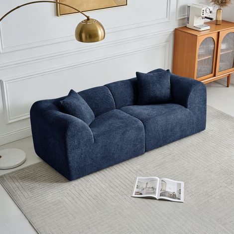 Divano 2 posti in velluto blu 193x87x67 cm con 2 cuscini, design compatto salvaspazio