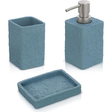 Accessori bagno in set da 3 pezzi in resina turchese cobalto effetto pietra (1/5)