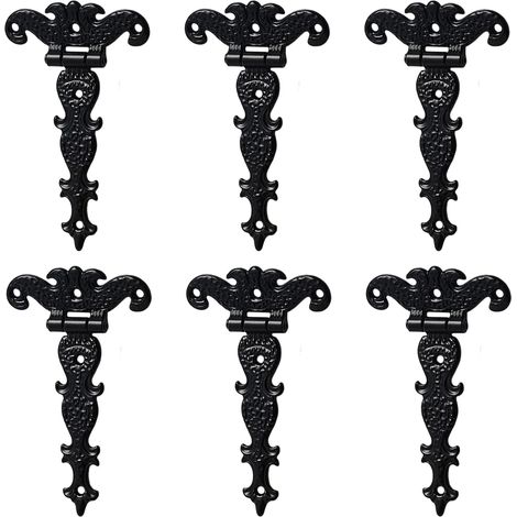 Charnière en T décorative classique, charnière en T en alliage de zinc, charnière de porte avec vis (noir), 6 pièces