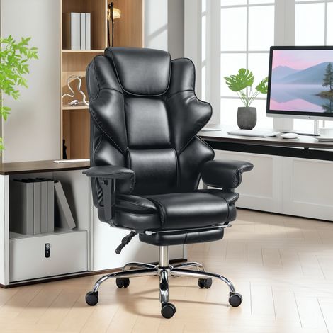 Silla de oficina ergonómica con reposapiés, silla ejecutiva reclinable de cuero sintético, capacidad de carga de 180 kg, giratoria, respaldo alto, reposabrazos acolchados y altura ajustable, color neg