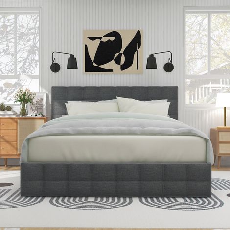 Okwish – Lit avec 4 tiroirs 140 x 200 cm – Lin gris rembourré – Sommier à lattes – Tiroirs amovibles pour rangement optimisé (1/5)