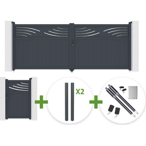 Portail battant 4m HALTI H.160cm aluminium gris + 4 poteaux ELDA + Portillon 1m HALTI H.160cm aluminium gris + motorisation Ranger B150 (1/5)