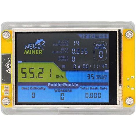 Nerd Miner V2 Solo Bitcoin Miner avec écran de 2,8 pouces - Système de minage par loterie pour cryptomonnaies