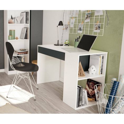 Dmora - Escritorio Danani, Escritorio reversible con cajón, Mesa de estudio u oficina para PC, 101x50h73 cm, Blanco y Antracita (1/5)