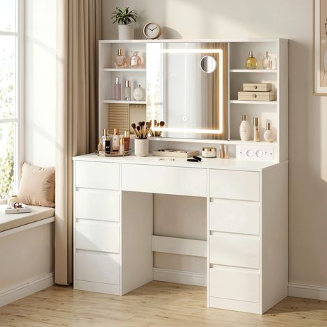 Coiffeuse avec Éclairage et Miroir, Table de Maquillage, 9 tiroirs, Chargeur Intégré, Chambre, Blanc (1/5)