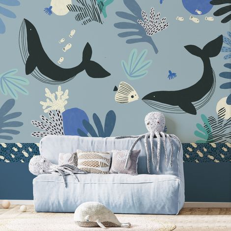 Papier peint panoramique Baleines, Bleu 150 x 250cm (1/5)