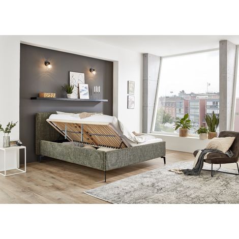 Meise Möbel Stauraumbett Riva 160x200 cm  Doppelbett  Bettkasten & Lattenrost (Federholzrahmen)  Webstoff Moosgrün  Metallfuß schwarz (1/5)