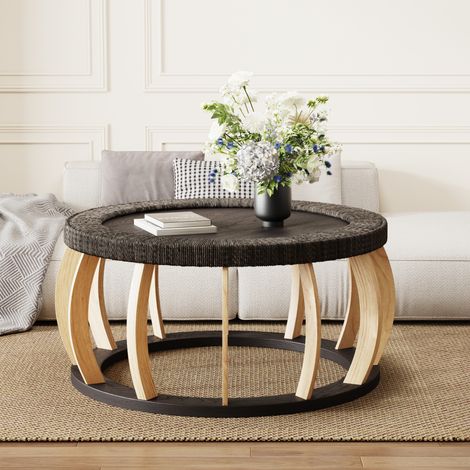 Tavolino da caffè rotondo 90x90x43 cm nero marrone in legno massello e MDF con dettagli in rattan (1/5)