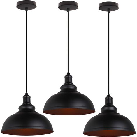 3PCS Suspension Luminaire Rétro Vintage Douille E27 Lustre D'Intérieur Abat-Jour En Métal Pour Bar, Grange, Café, Loft, Noir (1/5)