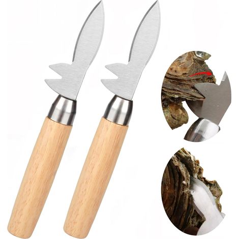Juego de 2 cuchillos para ostras mejorados, hoja gruesa de acero inoxidable, muesca en V, mango de madera antideslizante, abridor de ostras, apto para todo tipo de mariscos. (1/5)