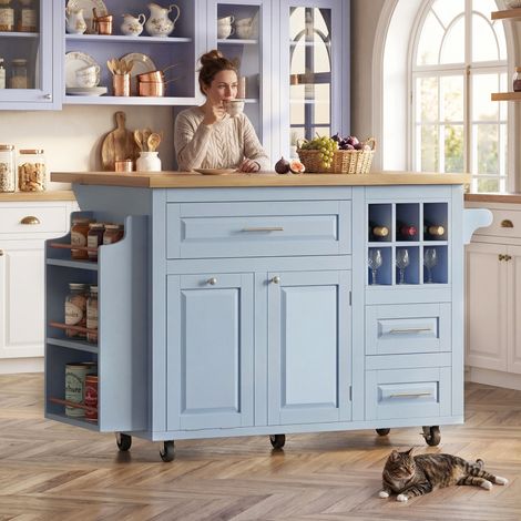 REDOM - Carrello da cucina 143x75x91 cm, piano ribaltabile, cassetti e porta snack laterale, MDF blu (1/5)