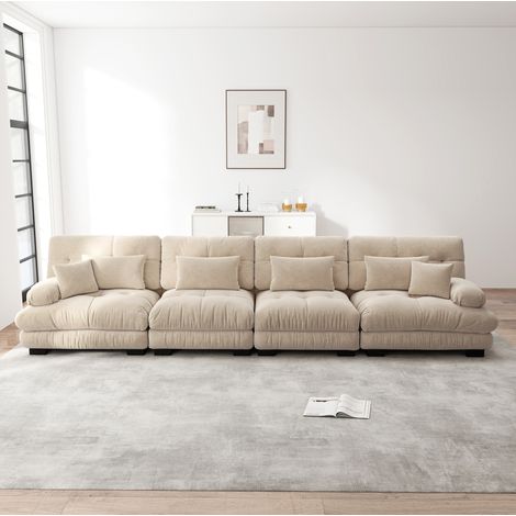 Sofá modular de 4 plazas en chenilla color café claro, asiento profundo (1/5)