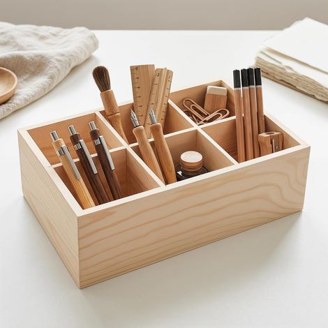 Portalápices de madera para escritorio, caja de almacenamiento multifuncional de madera con 6 compartimentos, organizador de escritorio para el hogar, la oficina y objetos de colección. (1/5)