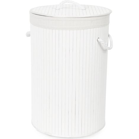 Compactor Panier à Linge Rond en Bambou avec Couvercle, Panier à Linge Pliable pour les Vêtements et le Linge dans les Chambres et les Salles de Bains, Doublure Amovible et Poignées en Corde, Blanc (1/5)