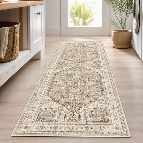 Tapis Couloir 80x240cm Style Bohème Vintage Fausse Laine Beige Marron Antitache Lavable Machine pour Entrée Cuisine (1/4)