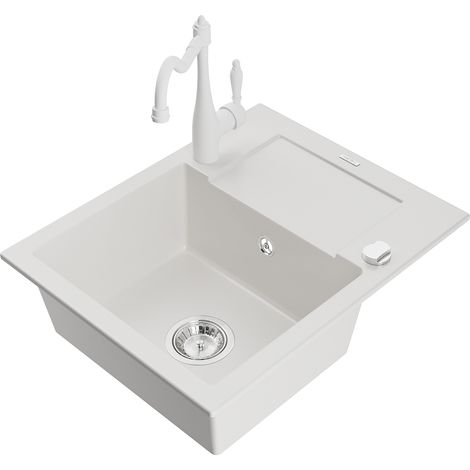 Mexen Enzo lavello in granito a 1 vasca con scolapiatti e rubinetto da cucina Carla, bianco - 6506-20-670700-20 (1/5)