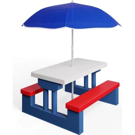 Table, bancs et parasol pour enfants Bleu, blanc et rouge (1/5)