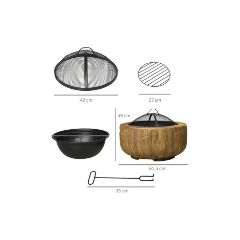 Brasero marron en acier et MgO avec couvercle et tisonnier, design tronc d'arbre pour jardin, camping et terrasse (1/5)