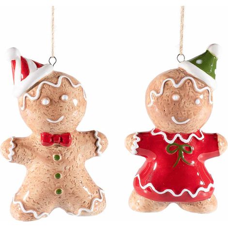 Addobbo di Natale ad omino pan di zenzero con abiti natalizi in ceramica da appendere, set da 10 pezzi, cm 5,5 x 3 x 9 H