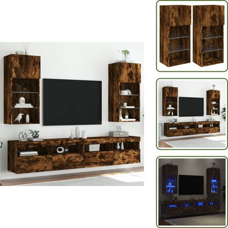 Spazio portaoggetti - vidaXL Mobili Porta TV con Luci LED 2 pz Rovere Fumo 40,5x30x90 cm - Legno multistrato