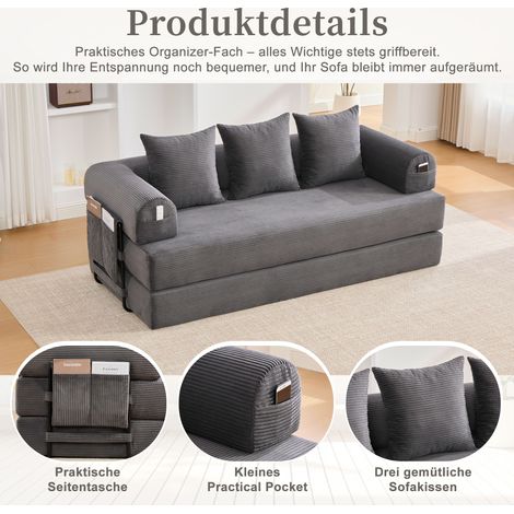 Canapé convertible compact en métal robuste, rangement intégré, poches latérales et 3 oreillers. Aménagez un coin détente sur mesure. Design contemporain mêlant acier et textile, parfait pour séjour. (1/5)