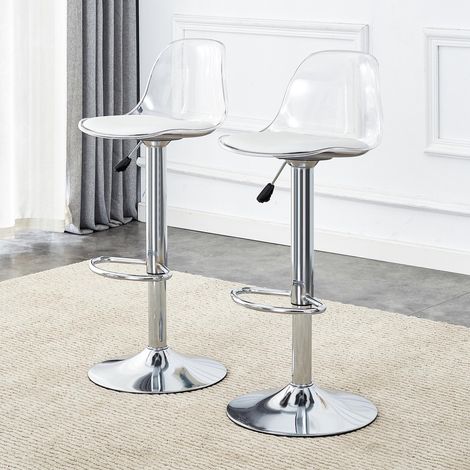 Lot de 2 chaises à poutre réglables : dossier transparent + pieds en métal argenté, hauteur réglable de 82 à 104 cm, rotation à 360°.