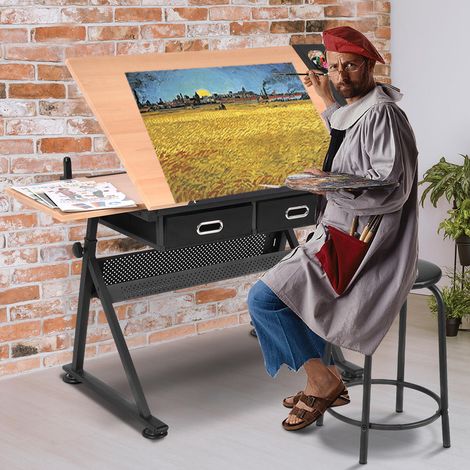 Ensemble table à dessin et tabouret avec plateau inclinable et tiroirs - Naturel (1/5)