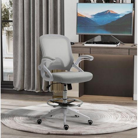 Sedia da ufficio ergonomica con braccioli ribaltabili e poggiapiedi grigio chiaro (1/5)