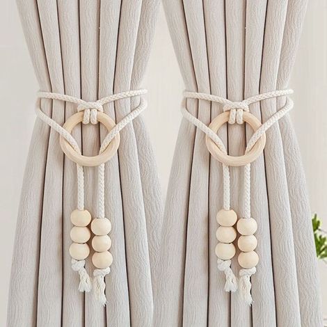 Deux embrasses de rideaux tissées, pinces à rideaux réglables en corde de coton, embrasses décoratives de style scandinave pour une chambre d'hôtes. (1/2)