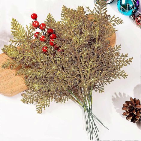 22 künstliche Weihnachtszweige mit Tannennadeln – Glitzernde künstliche Weihnachtszweige – Gold (1/5)