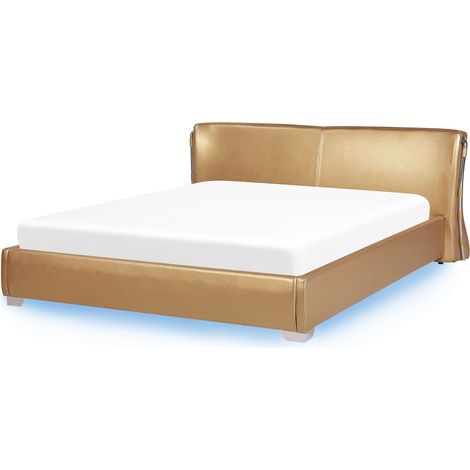 Letto Vera Pelle Color Oro a Doghe Testiera Alta Luci LED 180 x 200 cm Paris (1/5)