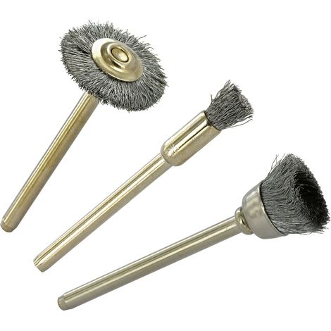 Tivoly • 3 Mini-Brosses Acier (pinceau, coupe, circulaire) • Tige Ø3mm • Adapté à un usage sur mini perceuse type Dremel (1/3)