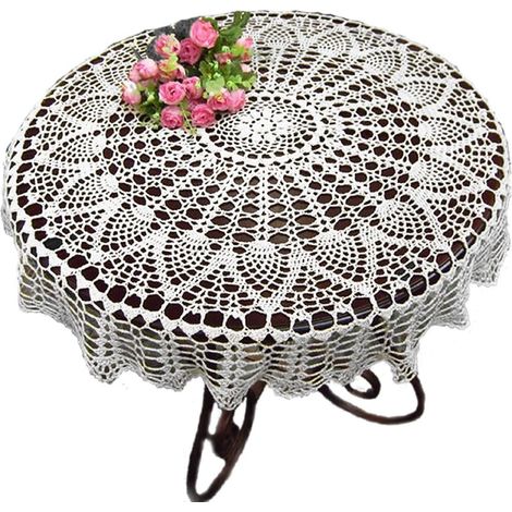 Mantel redondo de algodón blanco con estampado de girasoles, hecho a mano con encaje de ganchillo, tapete (1/5)
