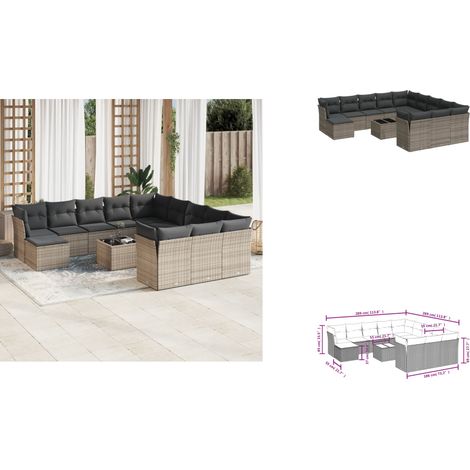 13-tlg. Garten-Sofagarnitur mit Kissen Grau Poly Rattan - Gartenmöbel Set - PE-Rattan Möbel - Outdoor Sofa - Esstisch - Lounge Garnitur (1/3)