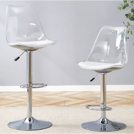 MODFU – Set de 2 taburetes de bar regulables y giratorios 360° con respaldo transparente, asiento de PU, metal plateado y carga 120 kg – Blanco y plateado (1/5)