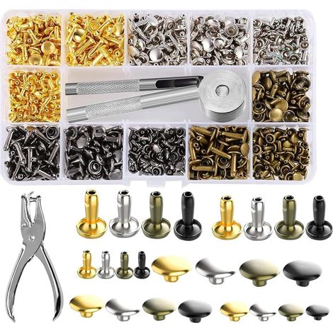 Rivets en cuir 480 Ensembles de Double Rivet Goujons Tubulaires en Métal Rivets de Remplacement Réparations Décoration avec 3 Pièces Outil de Fixation et Punch Pince