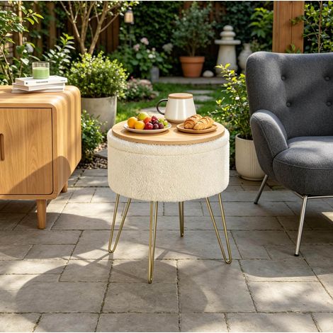 Pouf coffre rond 39 x 44 cm beige avec plateau, tissu peluche, MDF, MEUBLIV (1/5)