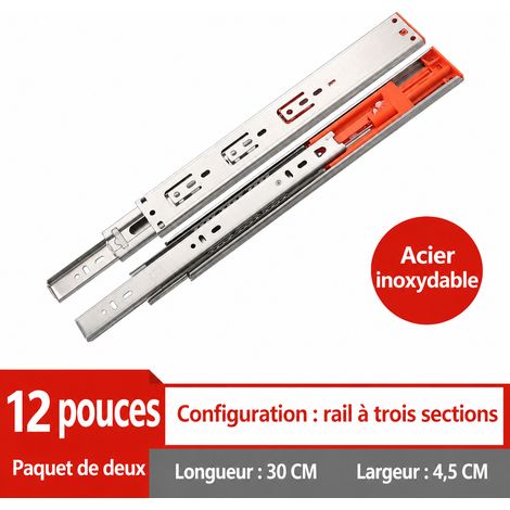 Glissières de tiroir 300 mm 12 pouces 3 sections acier inoxydable avec amortisseur double ressort 4510 acier inoxydable 12 – Livraison gratuite