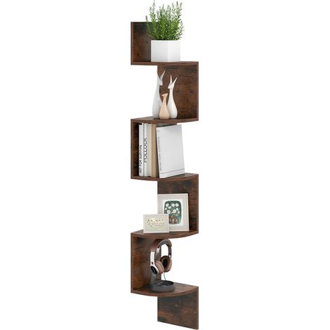 COSTWAY Scaffale Angolare a 5 Livelli, Scaffale Sospeso a Muro, Organizzatore di Stoccaggio a Parete, Espositore in Legno per Soggiorno Camera da Letto e Cucina, 20 x 20 x 126 cm (Marrone) (1/5)