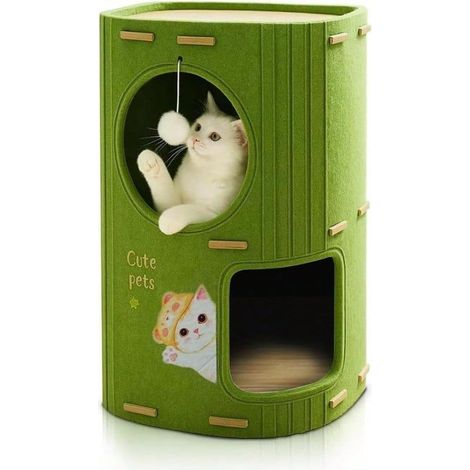 Maison pour chat en feutre double couche avec tunnel fermé et lit, double entrée, 2 coussins et pompons suspendus, abri confortable pour chat, vert (1/4)