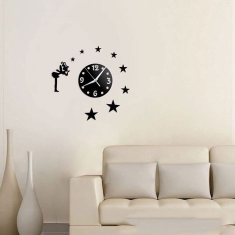 Orologio a Parete Adesivo Sticker componibile Tridimensionale 3D Nero Moderno Decorazione murales Fata e Stelle (1/2)
