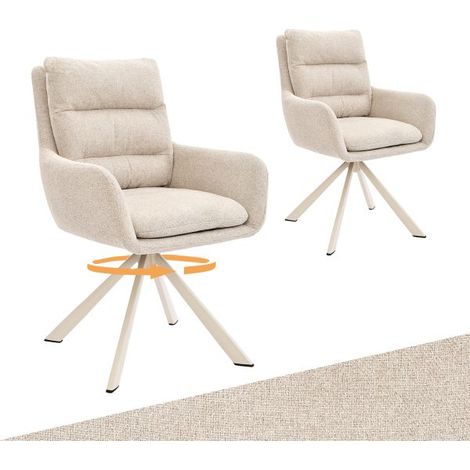 Bon Furni Tissu texturé Chaise de salle à manger Beige, Lot de 2, pivotante 360°, dossier segmenté, accoudoirs et pieds blancs assortis