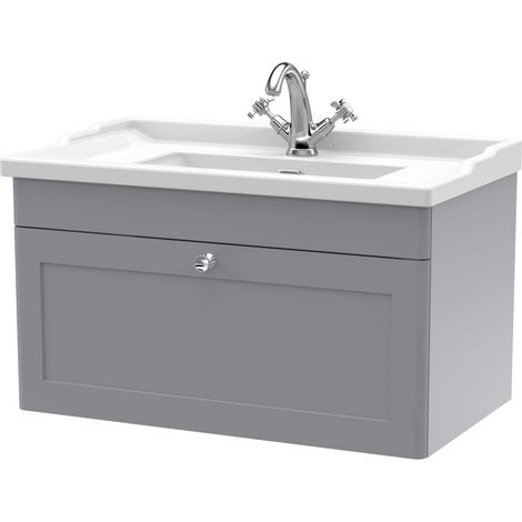 Nuie Classique Satin Grey 800mm Wall Hung Single Drawer Vanity Unit and 35mm Profile Traditional Basin - CLC296F (1/5)