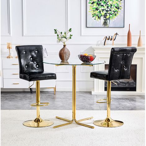 Lote de 2 taburetes de bar, en PVC, regulables en altura, con respaldo, estilo vintage, negro (1/5)