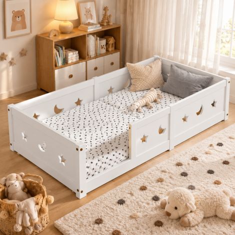 Lit Montessori, Lit au Sol Enfant 90x200, Lit simple avec Barrière de Sécurité et Sommier à Lattes, blanc, pour Garçons et Filles, Enfants et Bébés, sans matelas (1/5)